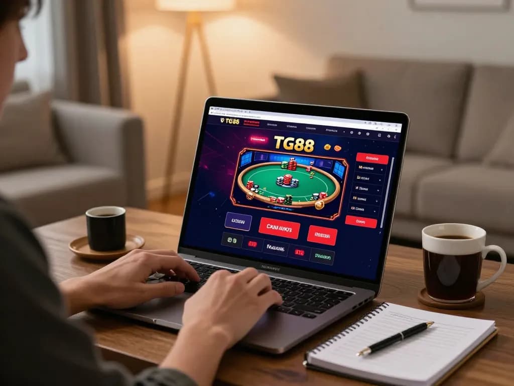 Player enjoying the TG88 online casino platform while strategizing at home in a cozy setting.