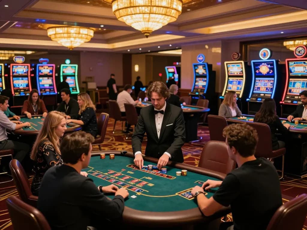 TWIN68 players enjoying a vibrant casino atmosphere with poker tables and slots in action