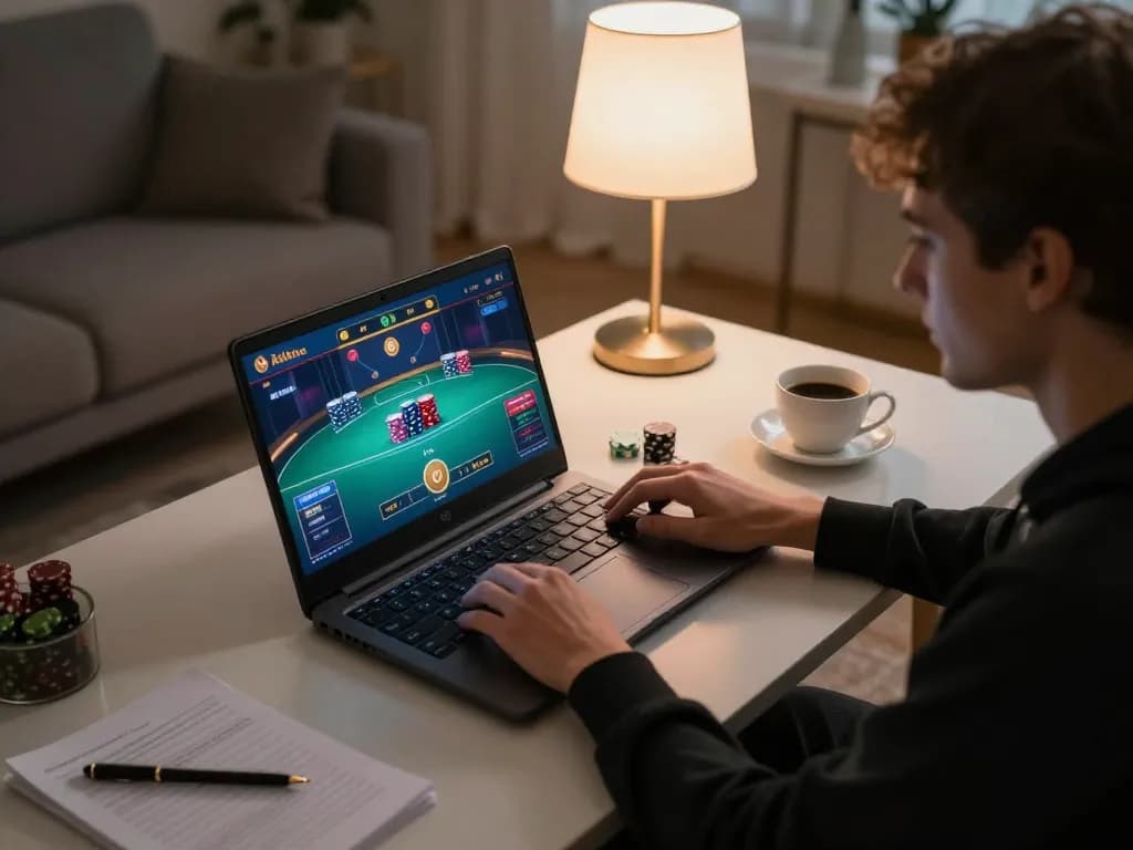 Engaging in online casino gaming with pinoy Login on laptop in a cozy home setup