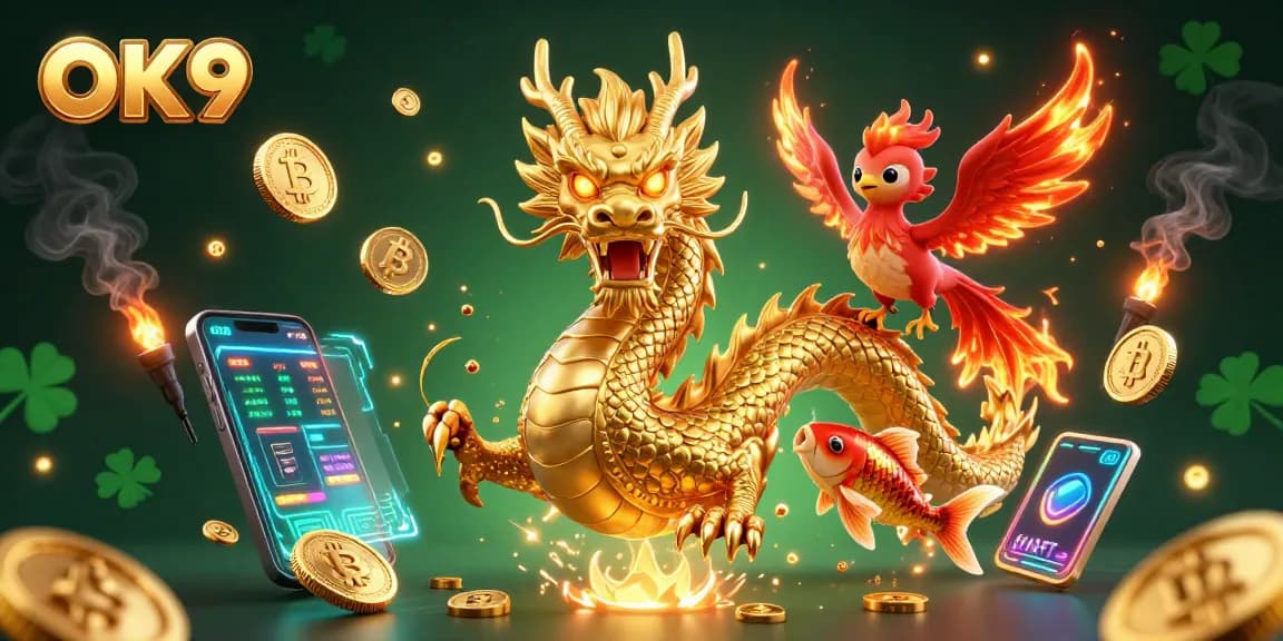 Bet on OK9 for casino excitement with our golden dragon and phoenix illustration.