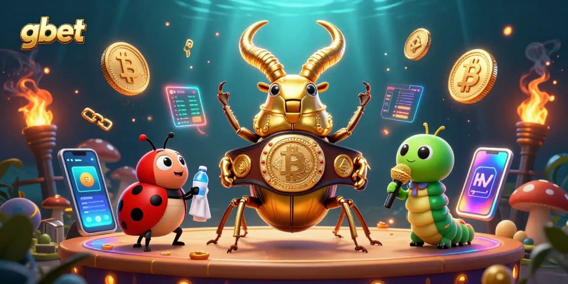 Experience thrilling gbet gaming with vibrant characters and crypto elements in this elaborate 3D illustration.