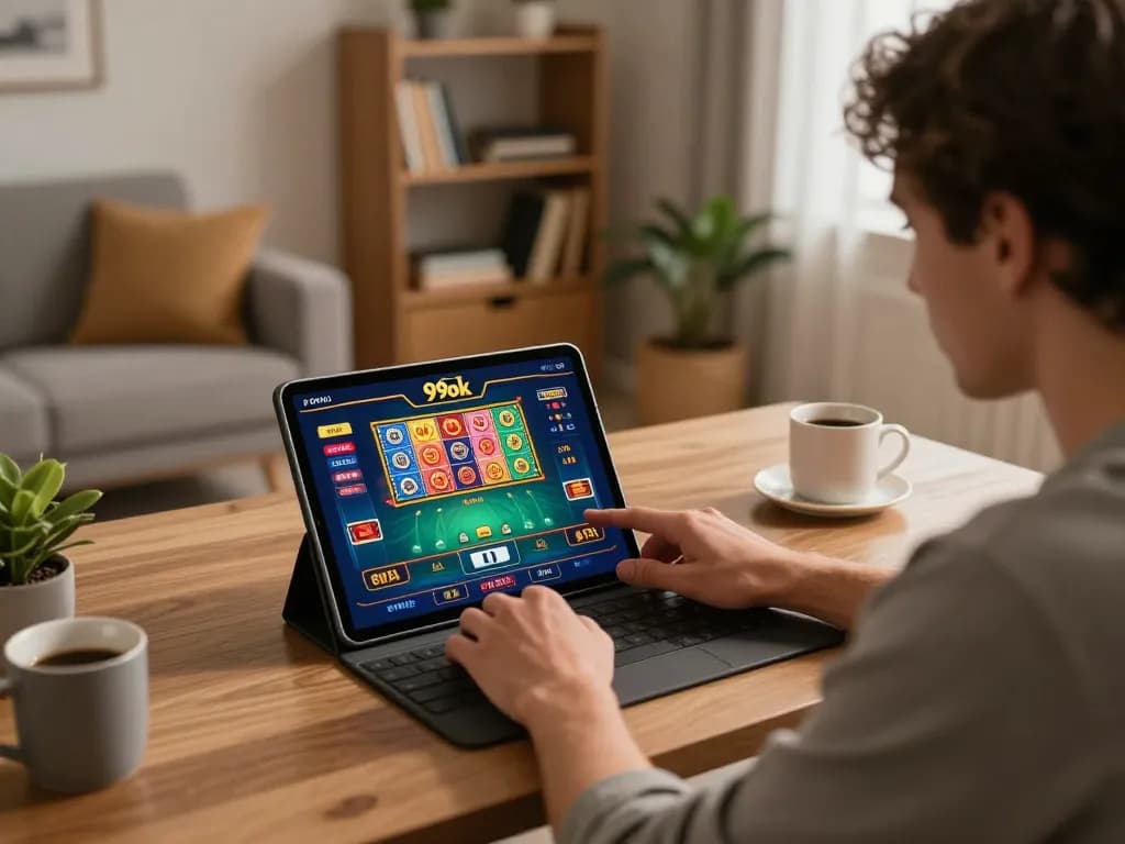 Engaged player using nhà cái 99ok app on tablet for online gambling, showcasing vibrant game interface and strategic gameplay.