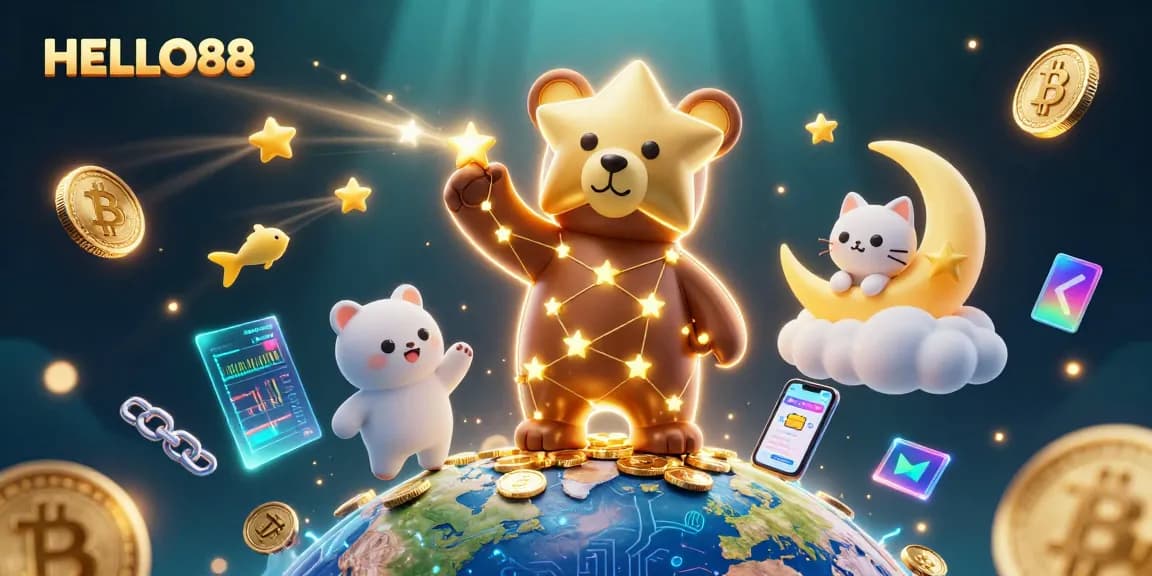 Engage with HELLO88 as a constellation bear collects coins amidst vibrant casino elements and cosmic companions.