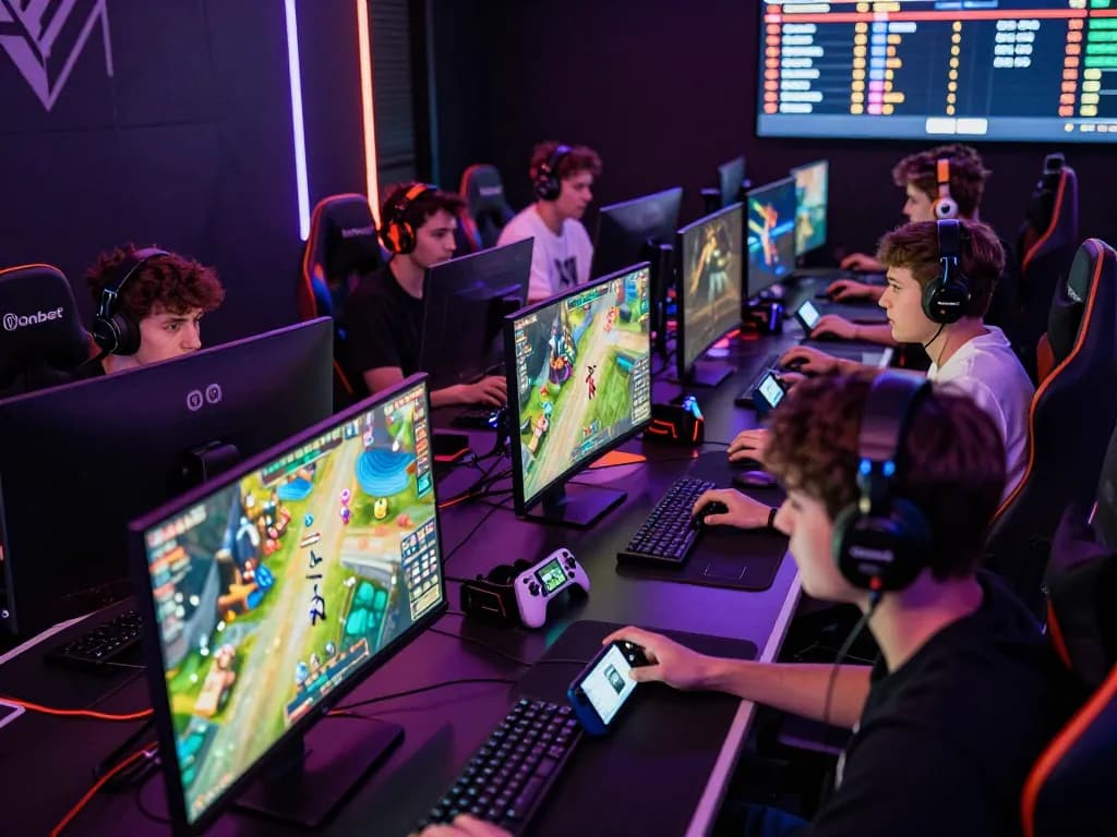 Gamers enjoying a thrilling experience with Onbet's diverse games and vibrant atmosphere.