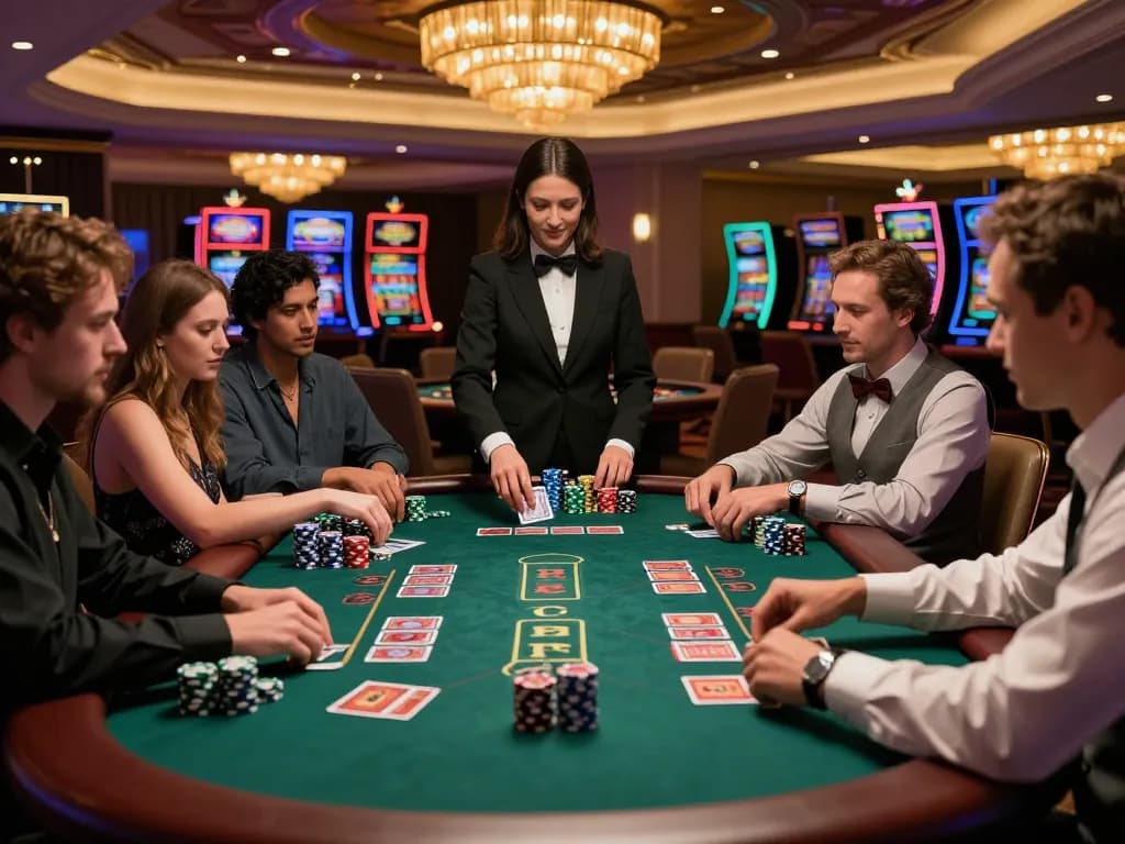 Players engage in an intense game at a Go 88 blackjack table, highlighting strategy and excitement in a vibrant casino atmosphere.
