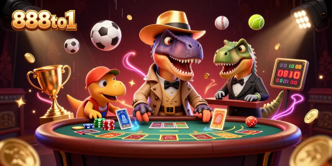Watch the 888to1 velociraptor card counter and friends amidst exciting casino action and vibrant sports elements.