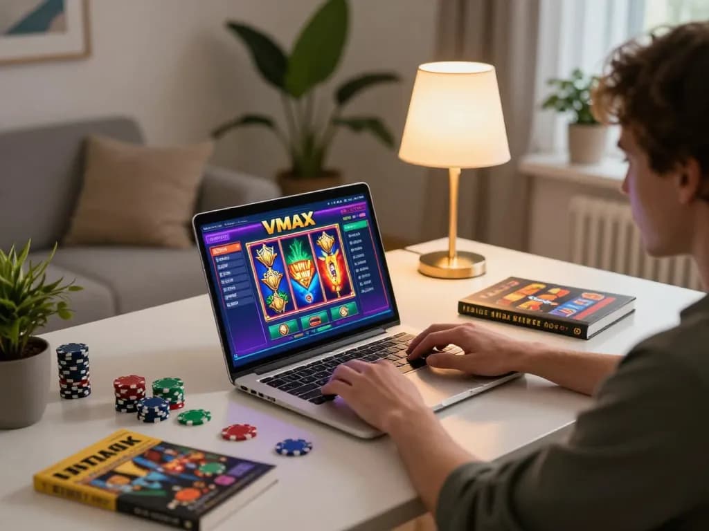 Player engaging with VMAX online slots on a laptop, enjoying a comfortable home gaming atmosphere