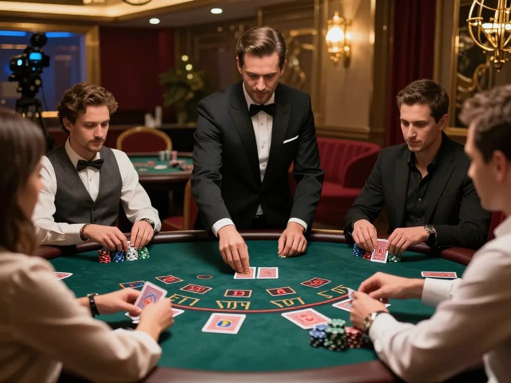 kp88 players enjoying a lively blackjack game with a professional dealer in a luxurious casino