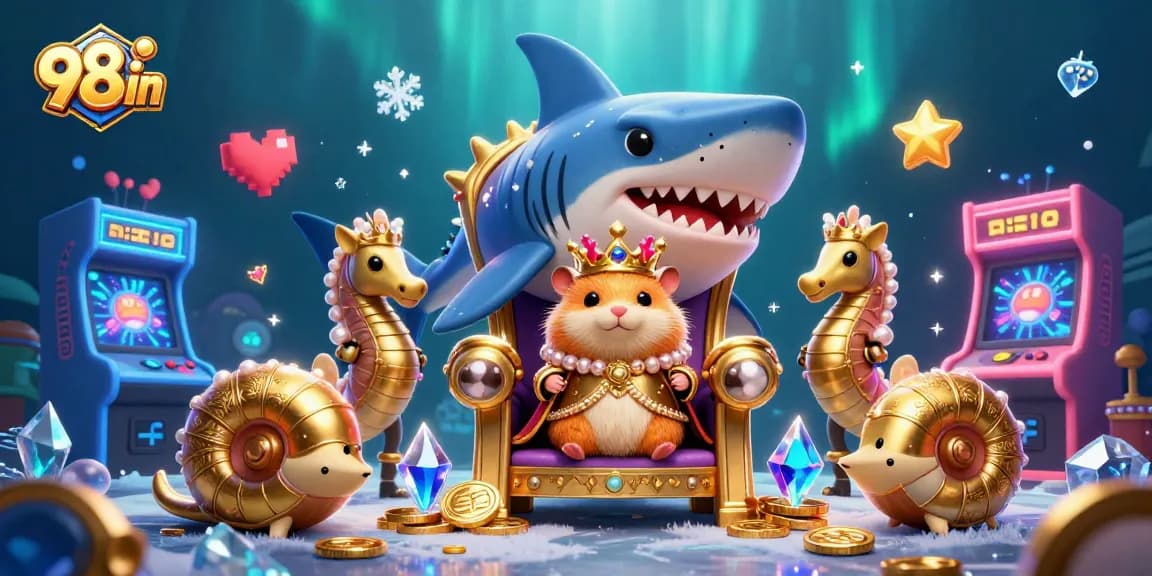 Experience the vibrant world of 98win online casino with a golden hamster king amidst gaming action.