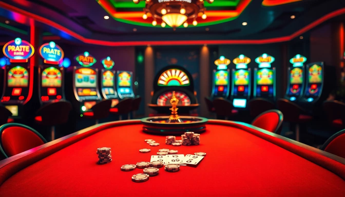 Experience the exciting atmosphere of the 8XX casino with poker chips and vibrant slot machines.