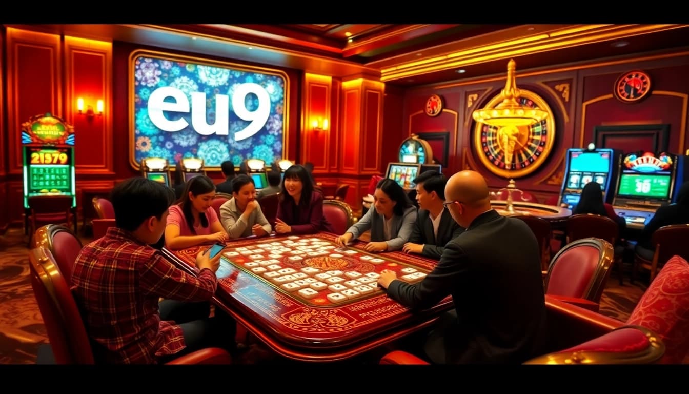 Experience eu9's thrilling casino atmosphere with luxury gaming tables and vibrant players.