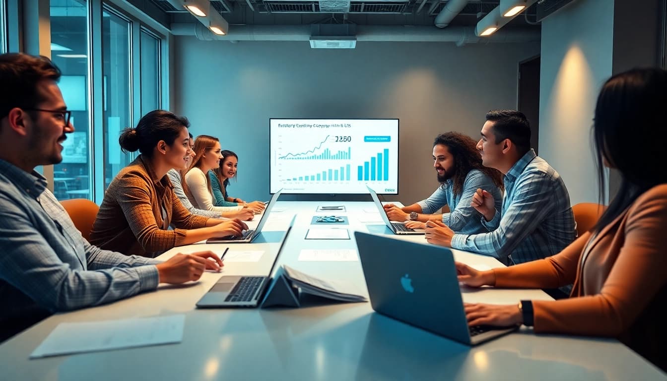 Setting up a company in the US with diverse entrepreneurs collaborating in a modern office.