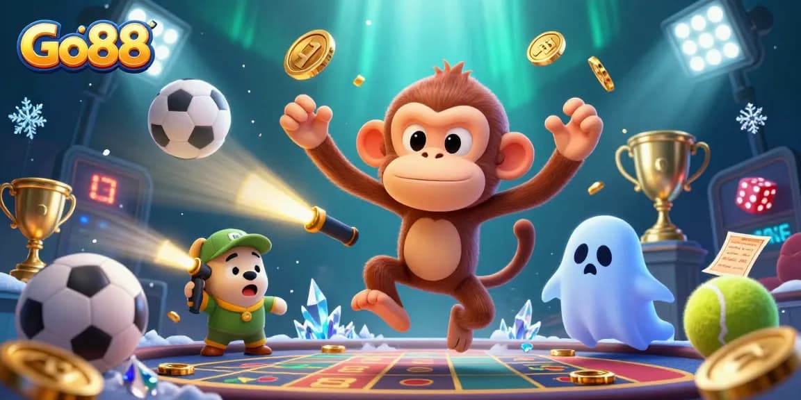 Go88 presents a thrilling scene with a mischievous poltergeist monkey juggling gold items in a lively casino.
