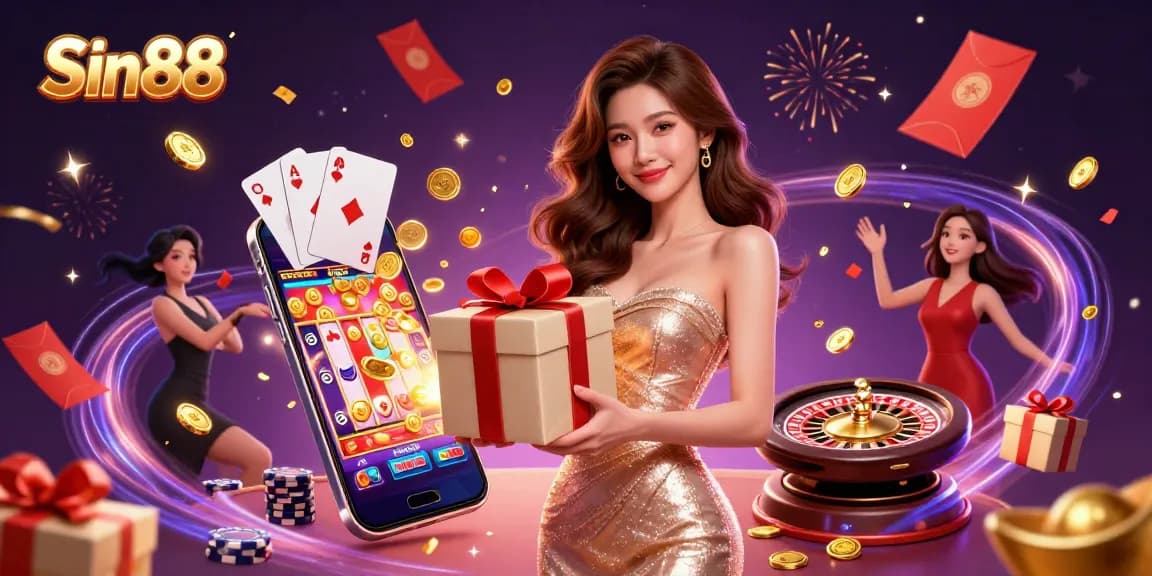 Experience thrilling gameplay with Sin88 featuring a stunning Asian woman in a festive casino scene celebrating wins.