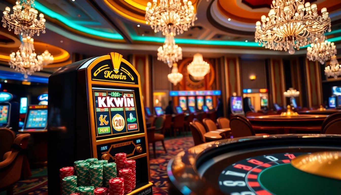 Play and win big at kkwin with this vibrant casino scene featuring a slot machine.