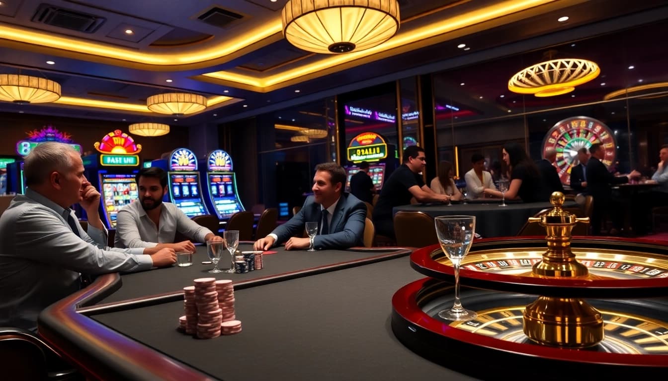 Excited players at 77bet poker table celebrate their winning hand in a luxurious casino.