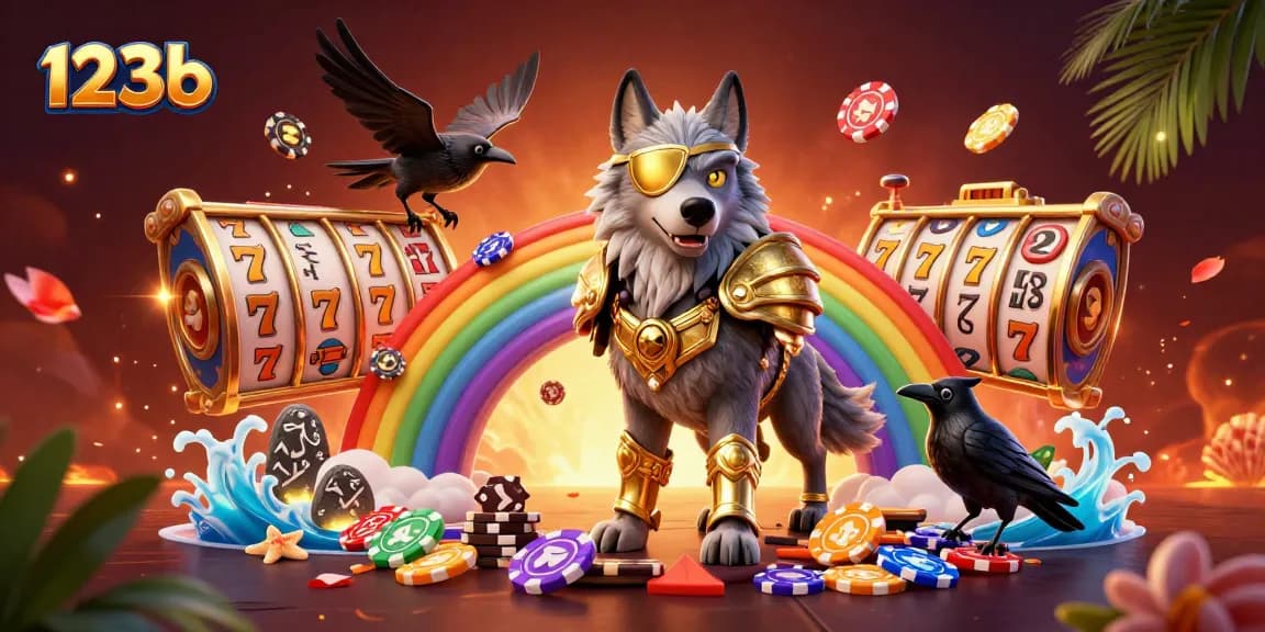 Win big at 123b casino with a vibrant 3D scene featuring Odin and his ravens on a jackpot bridge.