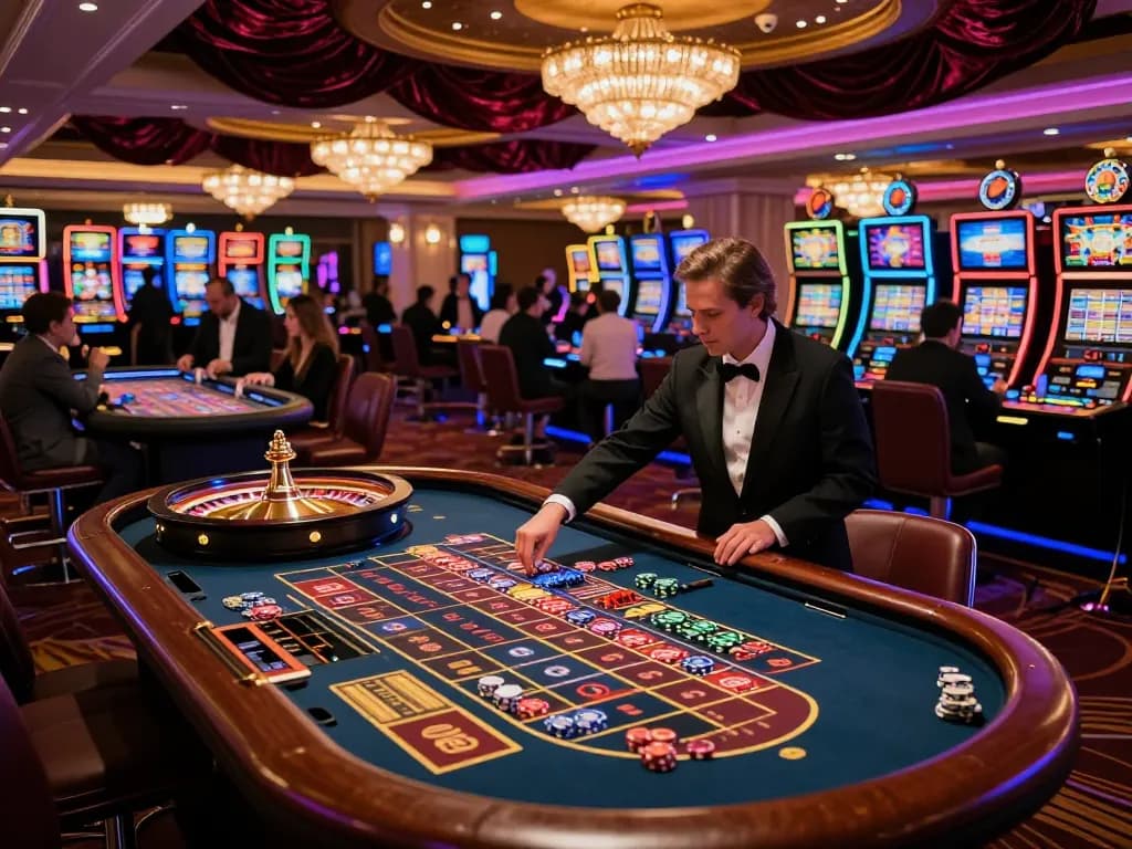 Players engaged in a thrilling roulette game at SV88 casino, illuminated by vibrant lights and an expert croupier.