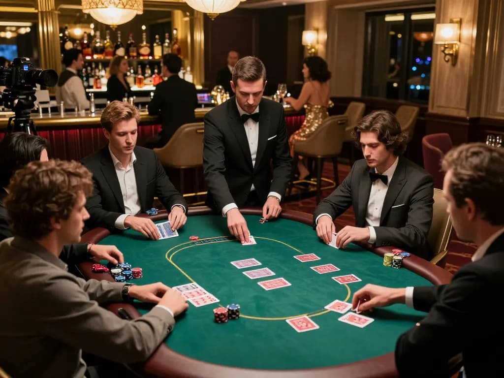 DA88 VIP poker experience in a luxurious gaming area, players engaged and dealer in action.