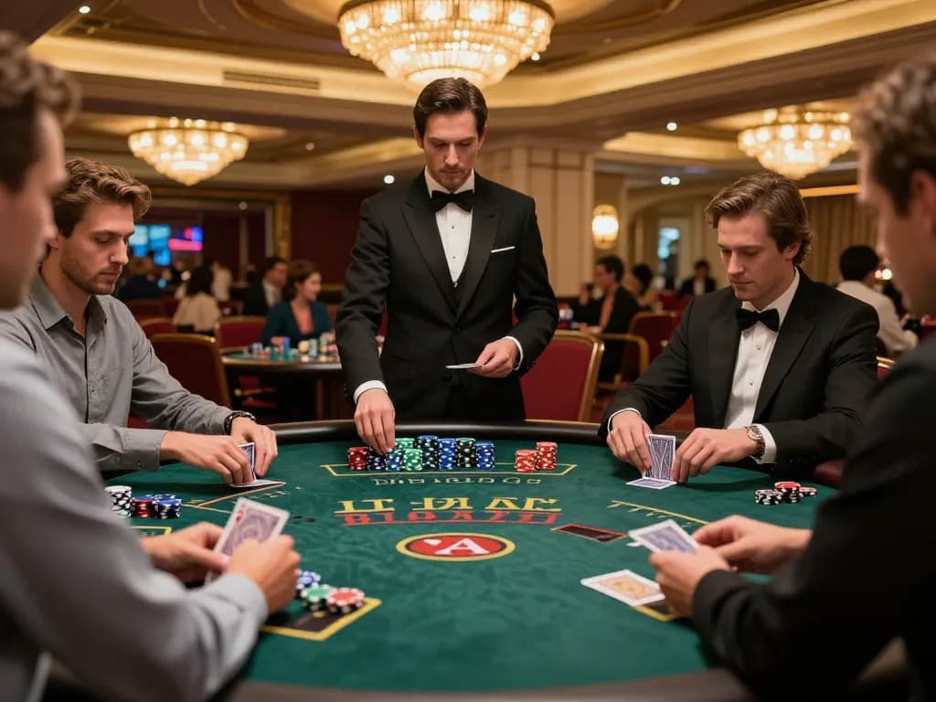 Players engaging at a nohu blackjack table, chips stacked, professional dealer in action, exciting atmosphere