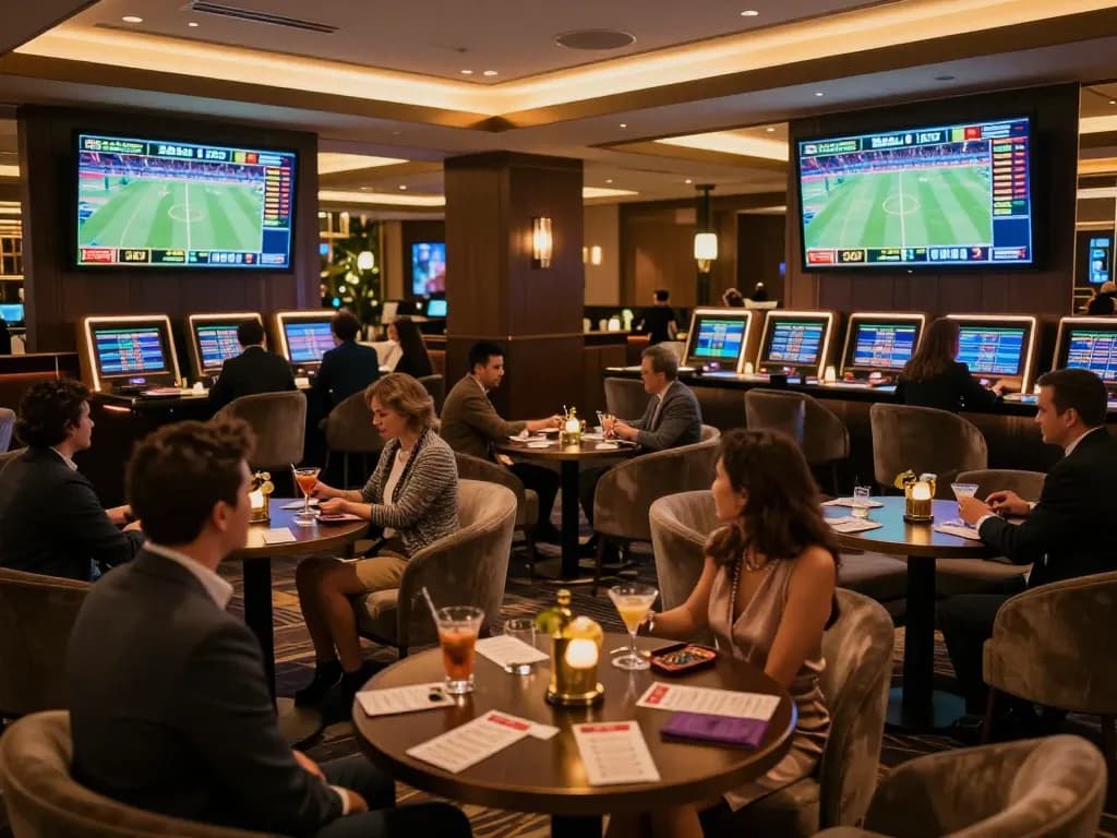 Patrons engaged in sports betting at a luxurious lounge with ty-le-keo odds displayed on large screens