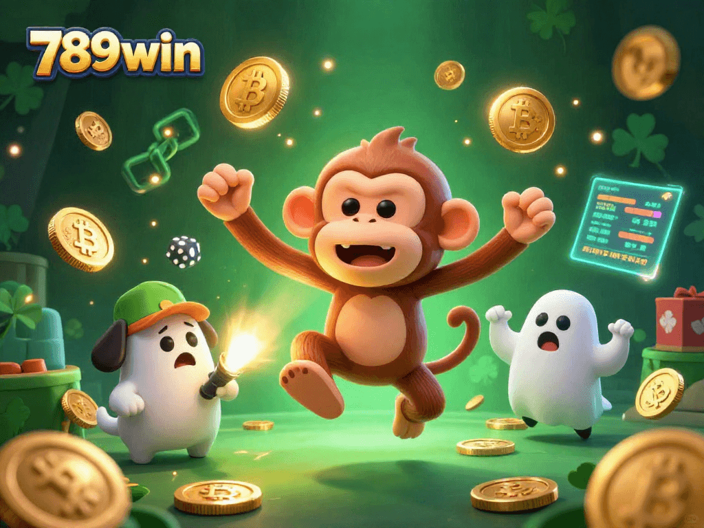 Engage with thrilling games at 789win as playful ghost-hunter puppy tracks a joking monkey in a casino.
