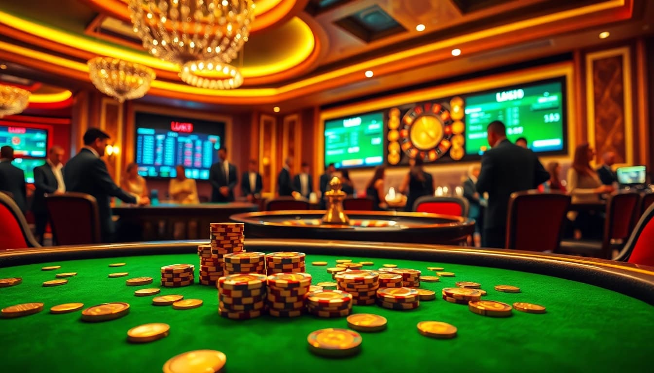 Experience the thrill of high-stakes gambling at luck8 with a dynamic casino setting featuring poker chips, roulette, and excited players.