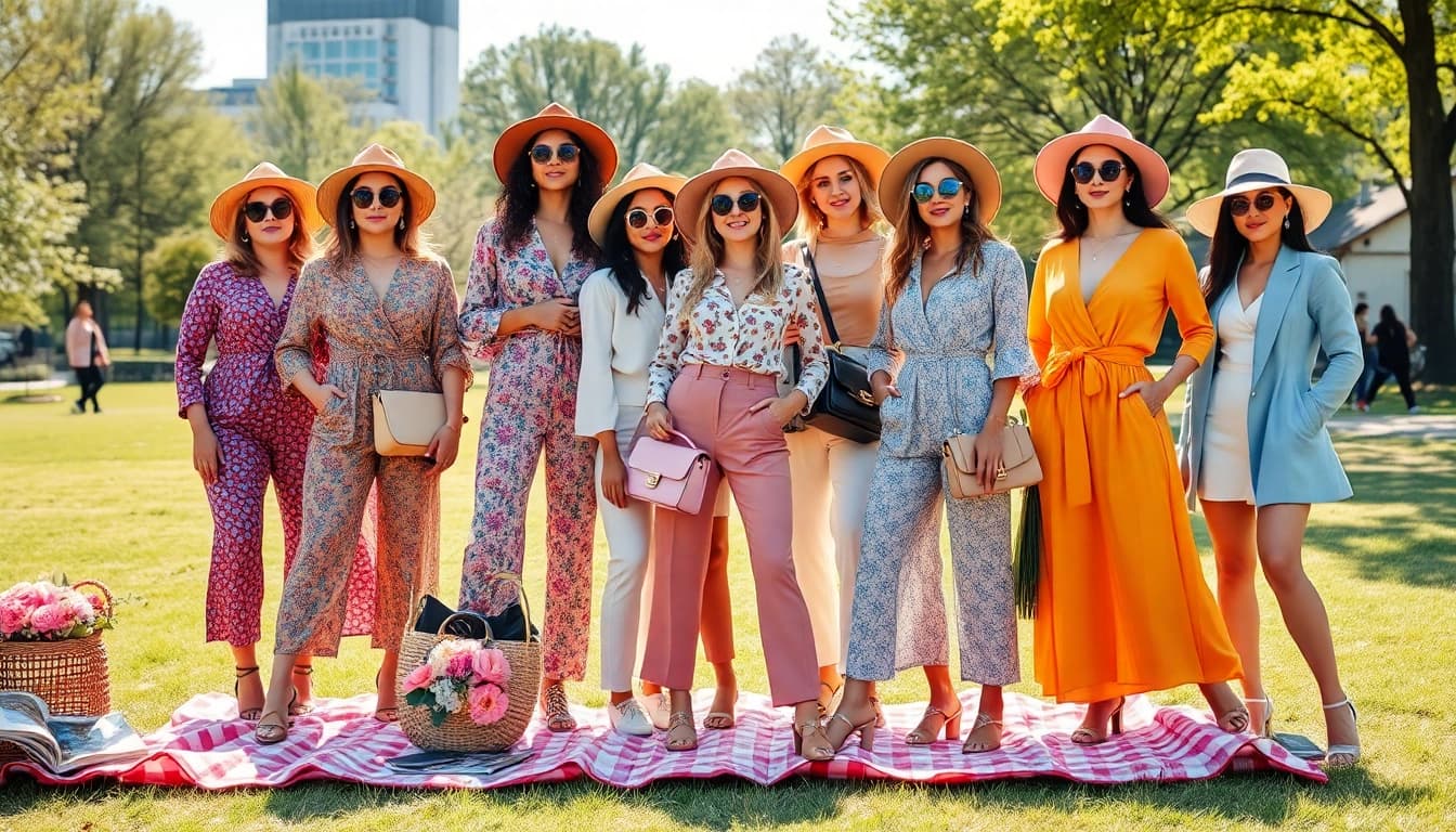 Explore vibrant women fashion trends with stylish outfits set in a sunlit urban park.