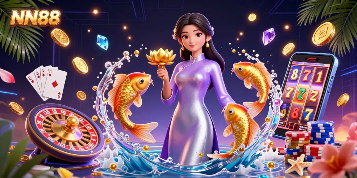 Experience thrilling gaming at NN88 with vibrant casino elements and dynamic illustration.