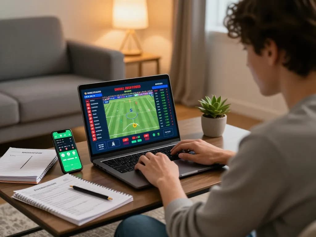 Person engaging in online sports betting at home on CO88 platform with excited ambiance.