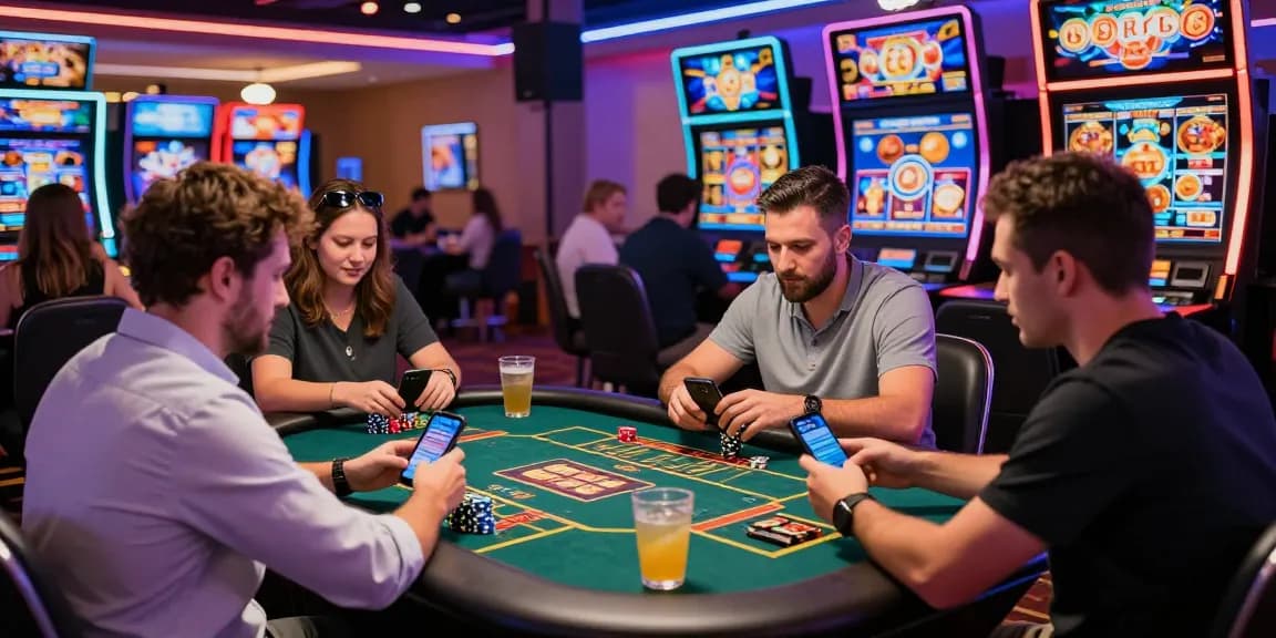 Engaging scene at credit card casinos showcasing diverse players enjoying vibrant online gaming experiences with smartphones and colorful chips.