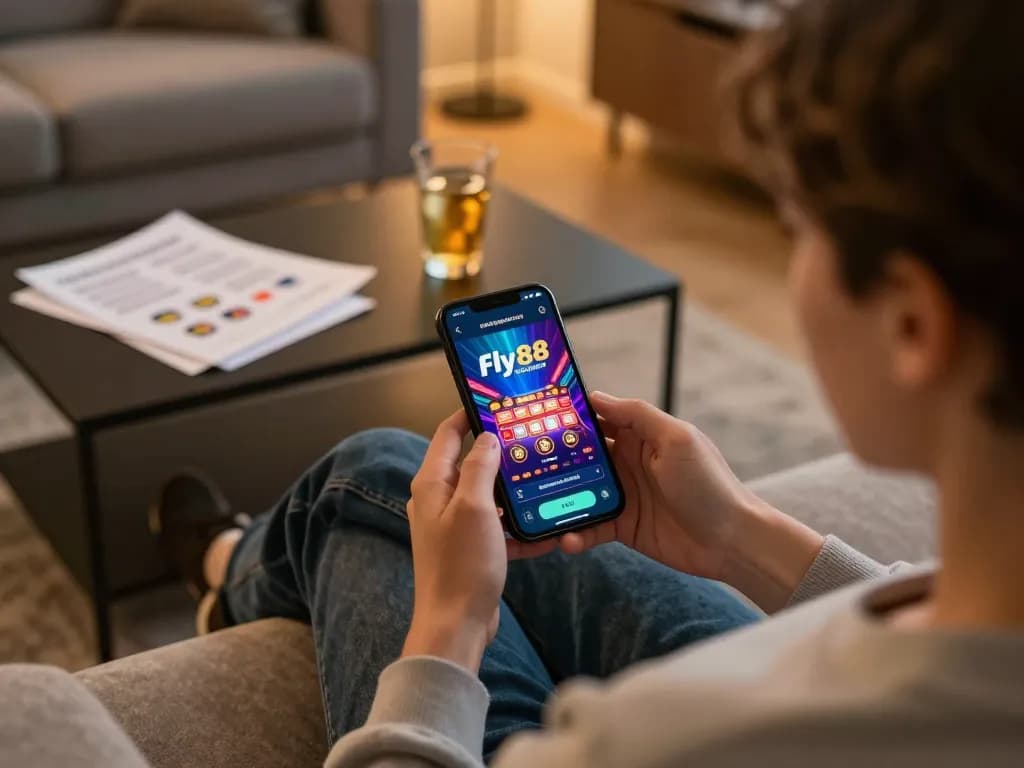 Player enjoying Fly88 casino games on a smartphone in a cozy living room.