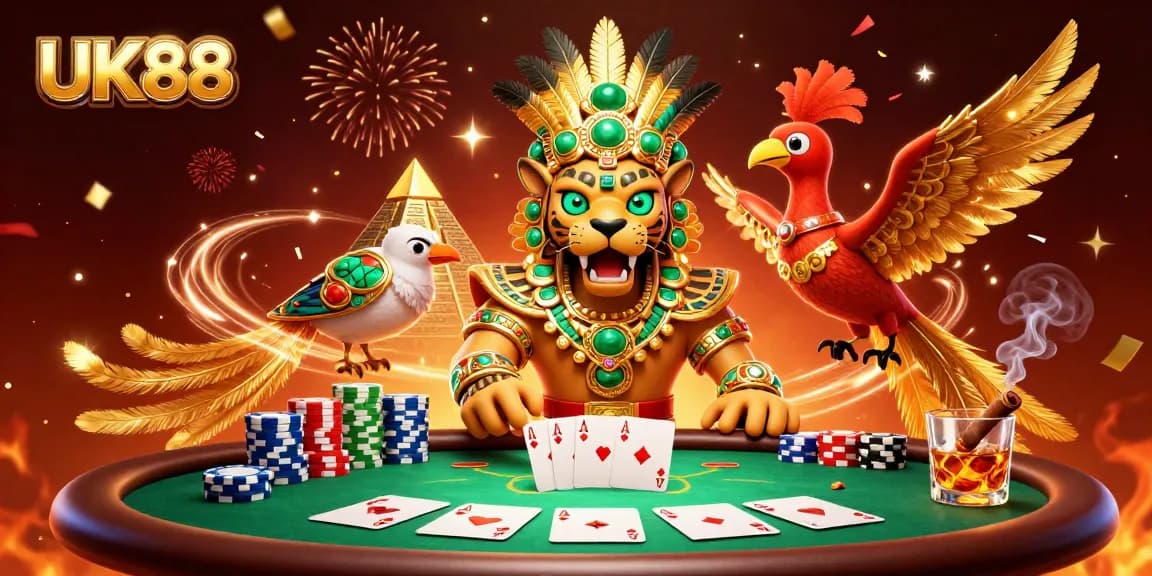 Experience thrilling poker action with UK88 in a vibrant 3D illustration.