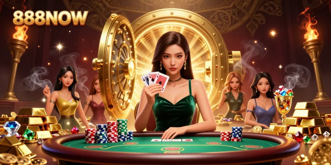 Compete for big wins at 888NOW in a luxury poker setting with sparkling gems and chips.
