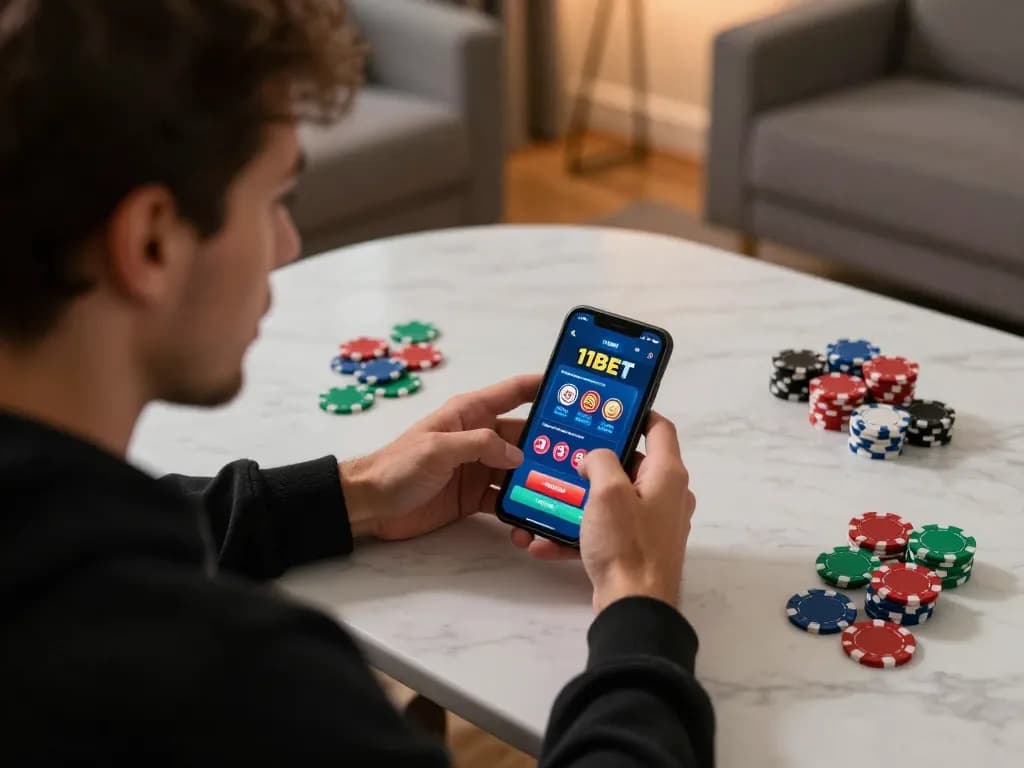 Player enjoying live dealer games on 11BET mobile app with colorful poker chips