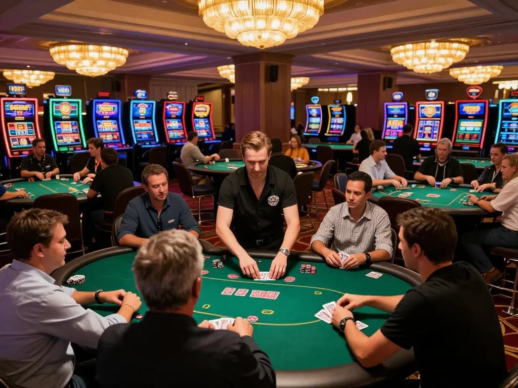 SHBET features an exciting casino atmosphere with players engaged in thrilling poker games.