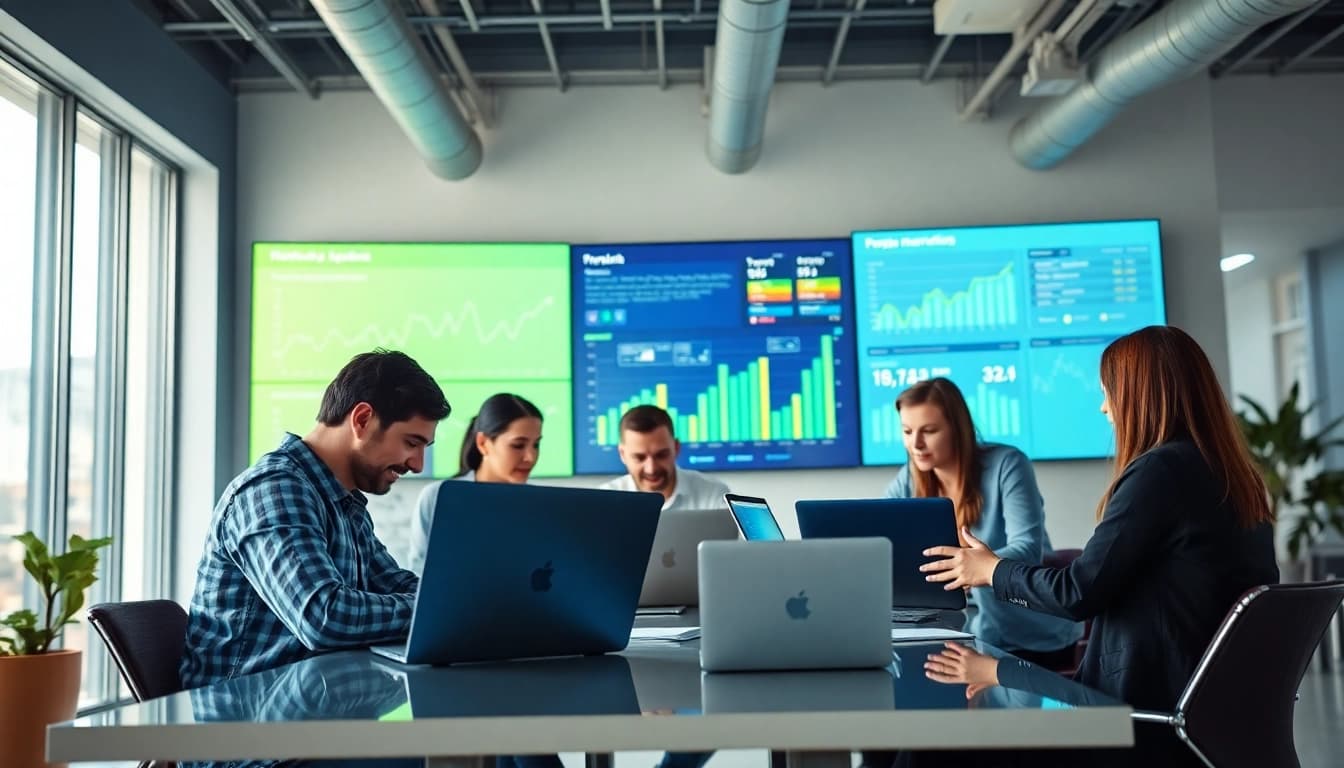 Dynamic digital marketing agency team collaborating with innovative tech tools.