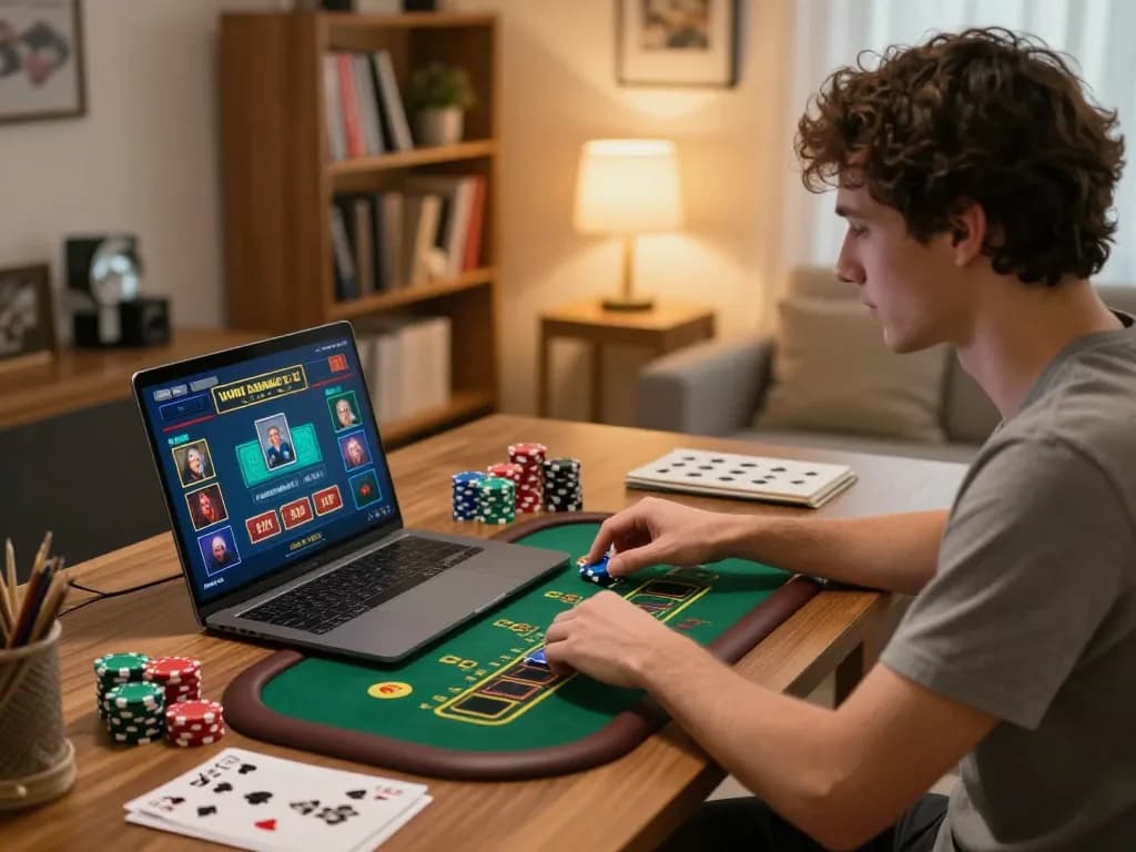 Xo88 user engaging in a live dealer game at home, showcasing strategic online gambling elements.