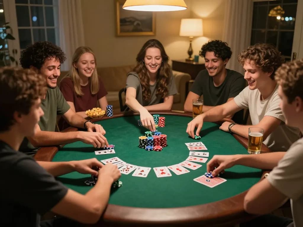 Friends playing poker in a social setting at home, five88 engaged in strategy and laughter