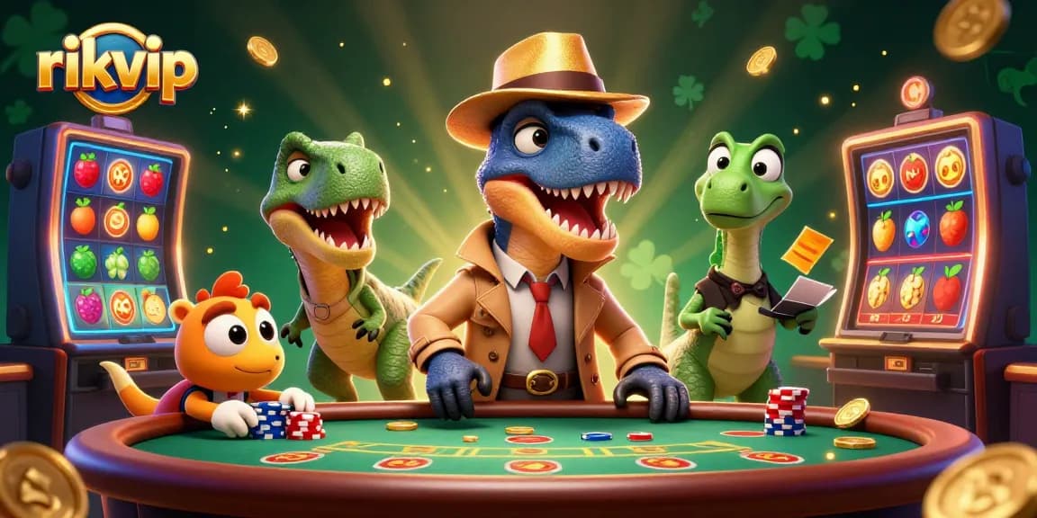 Experience exciting gameplay with rikvip while a velociraptor sneaks chips at a casino table.