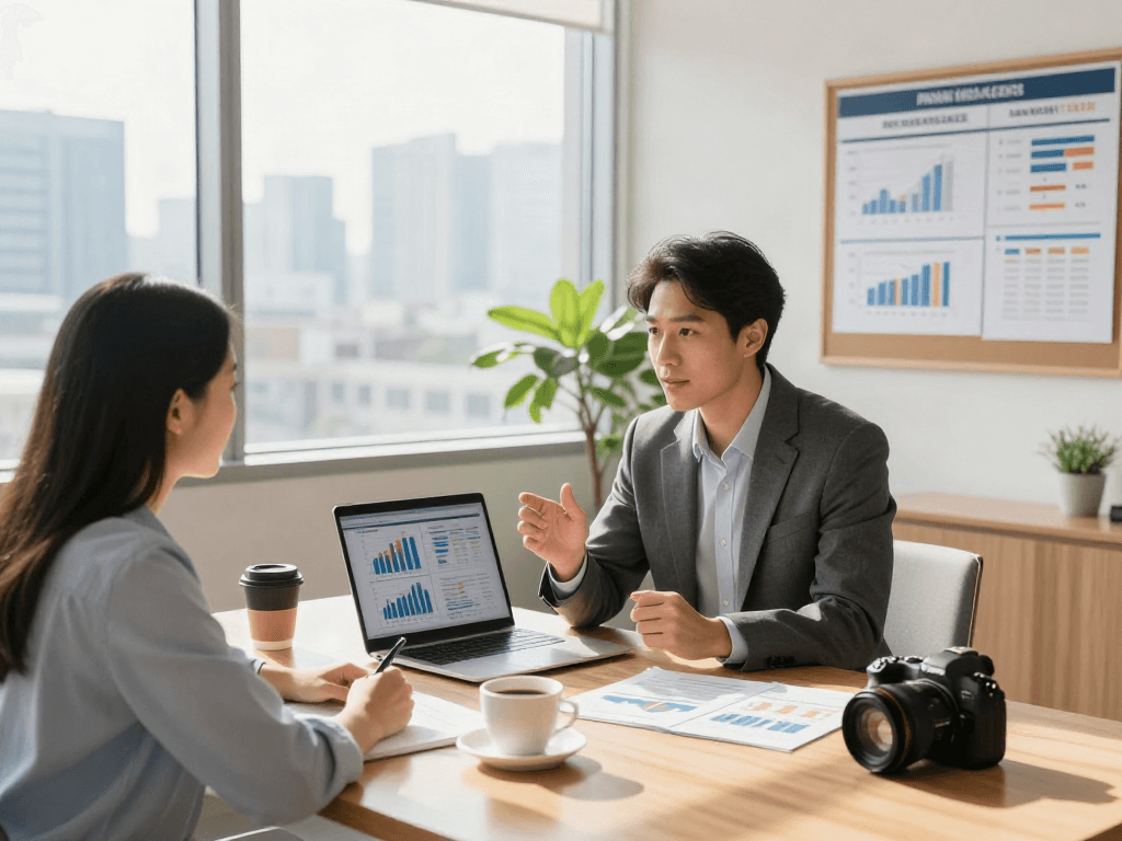 Financial advisor discussing strategies to deposit 10k with clients in a bright office.