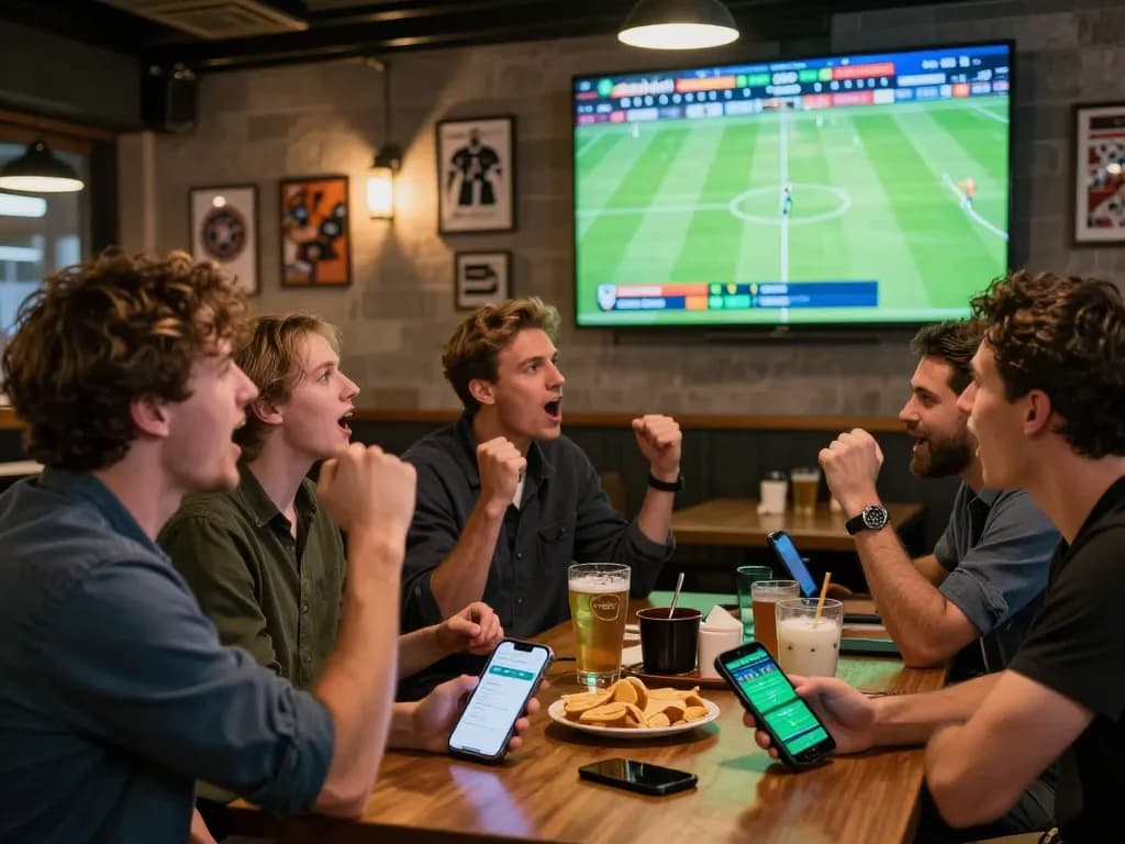 Tỷ lệ kèo displayed on smartphone screens among friends cheering at a football match in a lively pub.