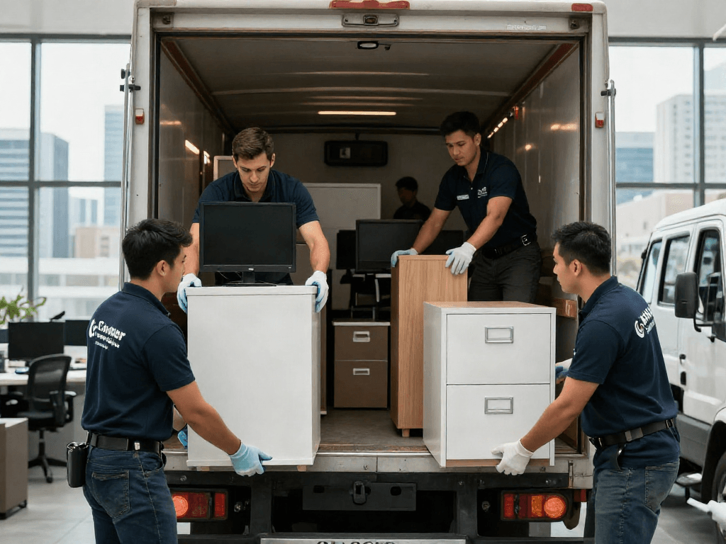 Office movers efficiently packing furniture during relocation, showcasing teamwork and professionalism.