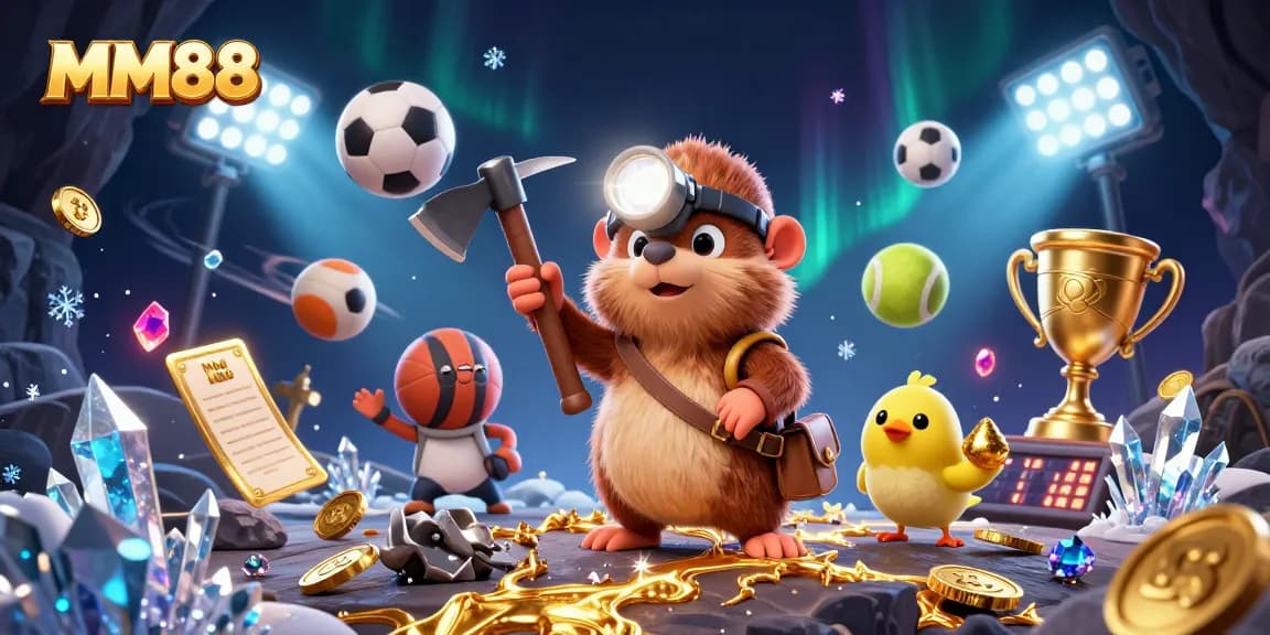 Bet on MM88 with a vibrant scene of a treasure hunter and sports elements in a rich 3D illustration.