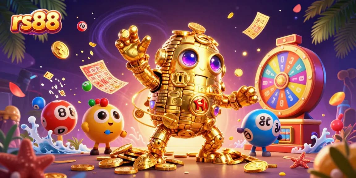 Experience vibrant gaming action with rs88, showcasing golden golems and colorful lottery elements.