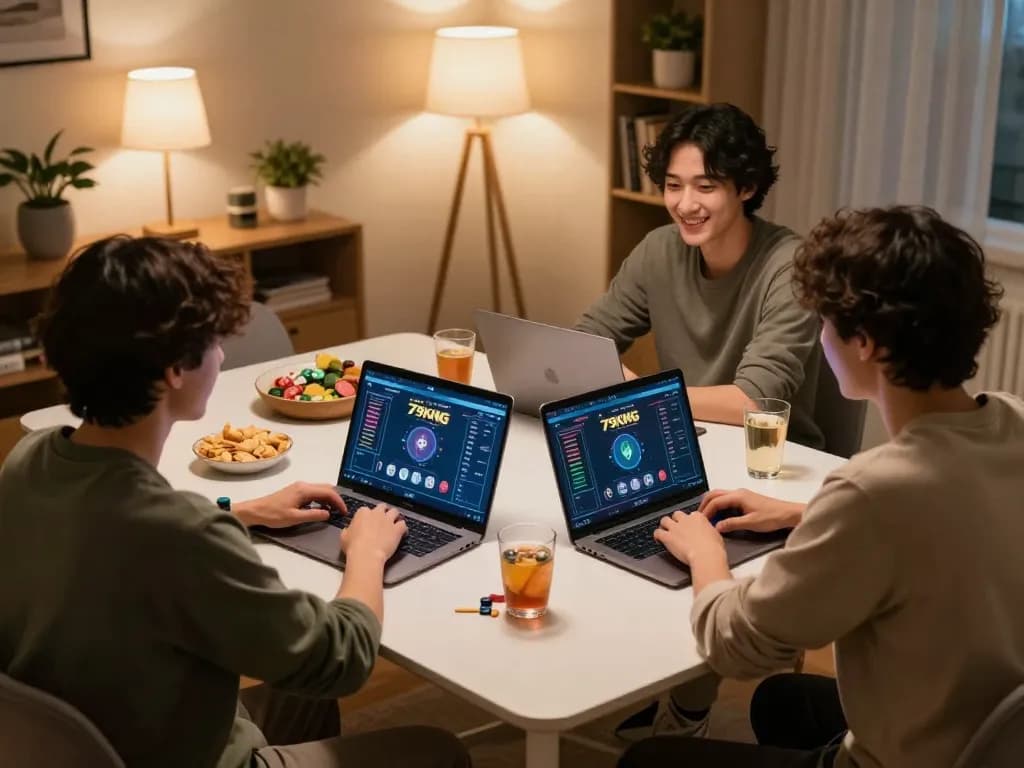 Friends strategizing their next move in online poker on the 79KING platform during a cozy game night.