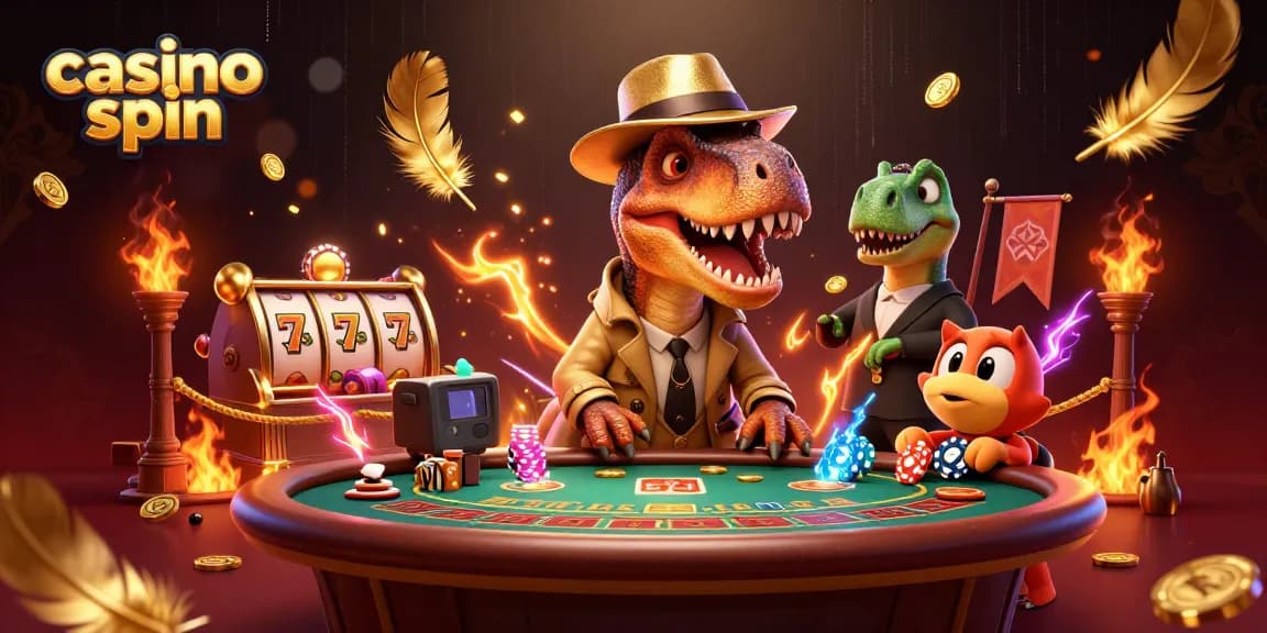 Engage in casino spin adventures with a velociraptor card counter amidst vibrant gaming elements.