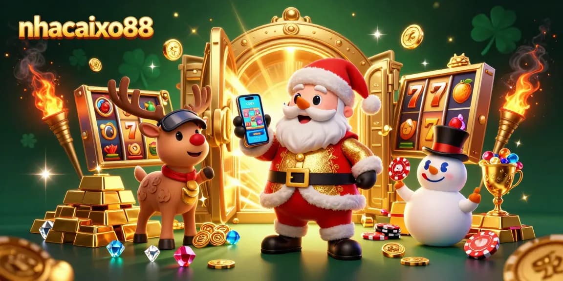 Join the fun with nhacaixo88 as Santa, a reindeer, and a snowman celebrate big wins in a vibrant casino scene full of jackpots!