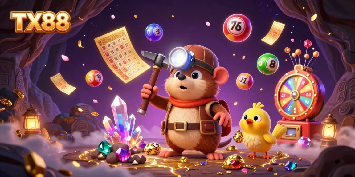 Experience thrilling TX88 lottery excitement with vibrant elements and treasure hunter adventures.
