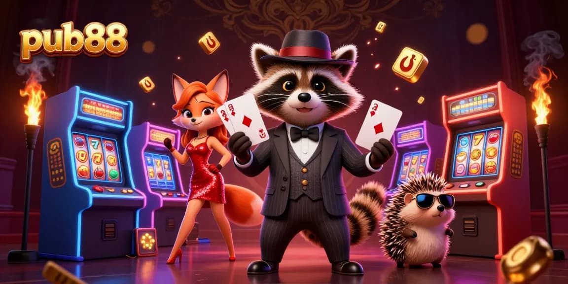 Experience thrilling gameplay at pub88 with a stylish raccoon character showcasing a royal flush at a vibrant casino.